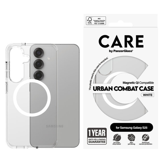 Étui Urban Combat avec QI blanc pour Samsung Galaxy S25, Transparent, PanzerGlass