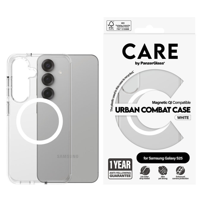 Étui Urban Combat avec QI blanc pour Samsung Galaxy S25, Transparent, PanzerGlass