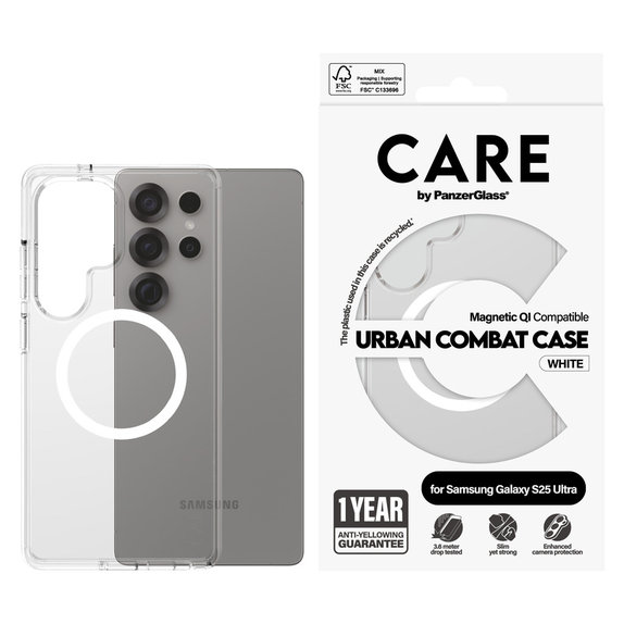 Étui Urban Combat avec QI blanc pour Samsung Galaxy S25 Ultra, Transparent, PanzerGlass
