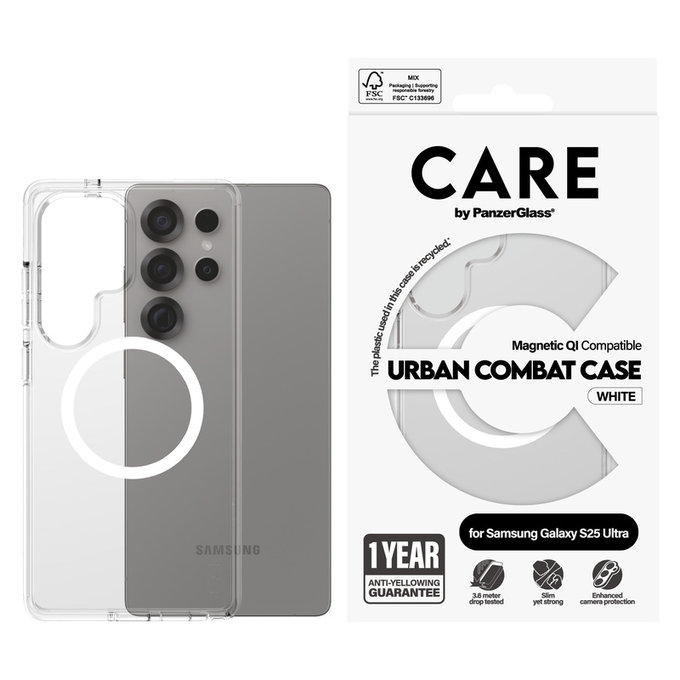 Étui Urban Combat avec QI blanc pour Samsung Galaxy S25 Ultra, Transparent, PanzerGlass