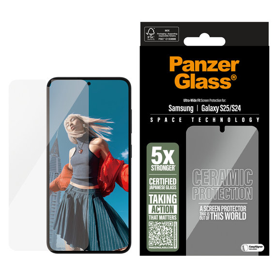 Verre trempé UWF Ceramic avec applicateur pour Samsung Galaxy S25, Clair, PanzerGlass