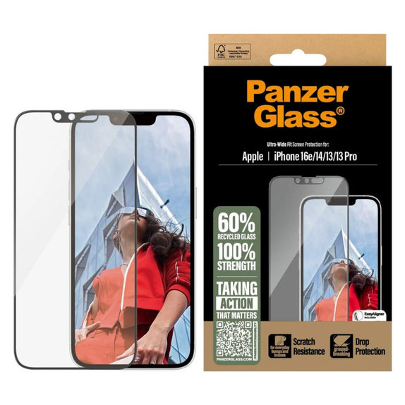 Verre trempé UWF avec applicateur pour iPhone 17e/16e/14/13/13 Pro, Noir, PanzerGlass