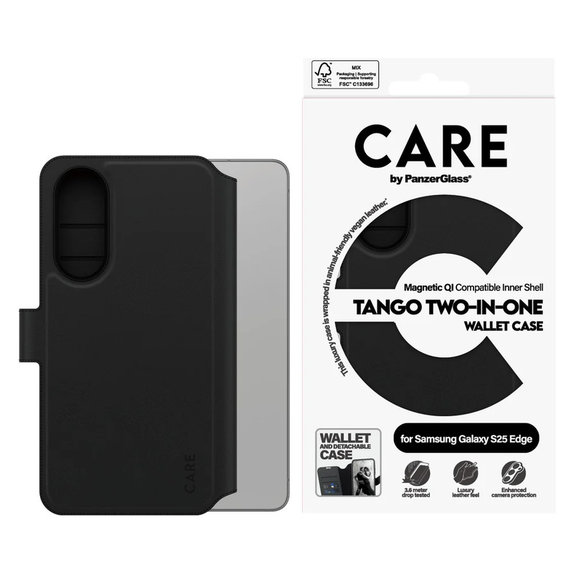 Étui Wallet Tango Two-In-One avec QI pour Samsung Galaxy S25 Edge, Noir, PanzerGlass
