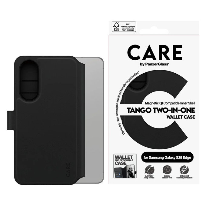Étui Wallet Tango Two-In-One avec QI pour Samsung Galaxy S25 Edge, Noir, PanzerGlass