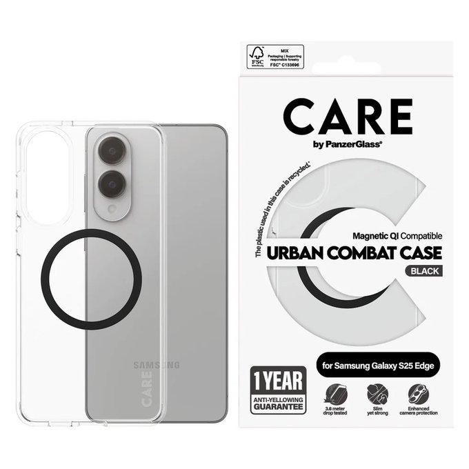 Étui Urban Combat avec QI noir pour Samsung Galaxy S25 Edge, Transparent, PanzerGlass