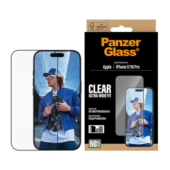 Verre trempé UWF avec applicateur pour iPhone 17/16 Pro, Noir, PanzerGlass