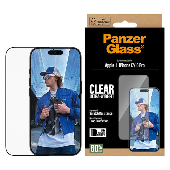 Verre trempé UWF avec applicateur pour iPhone 17/16 Pro, Noir, PanzerGlass
