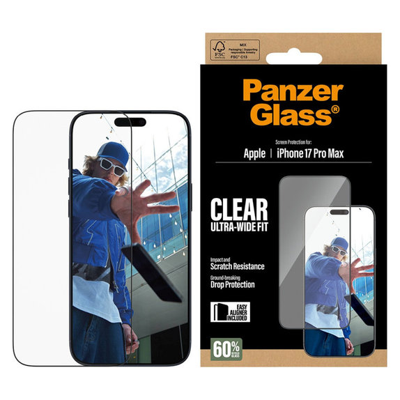 Verre trempé UWF avec applicateur pour iPhone 17 Pro Max, Noir, PanzerGlass