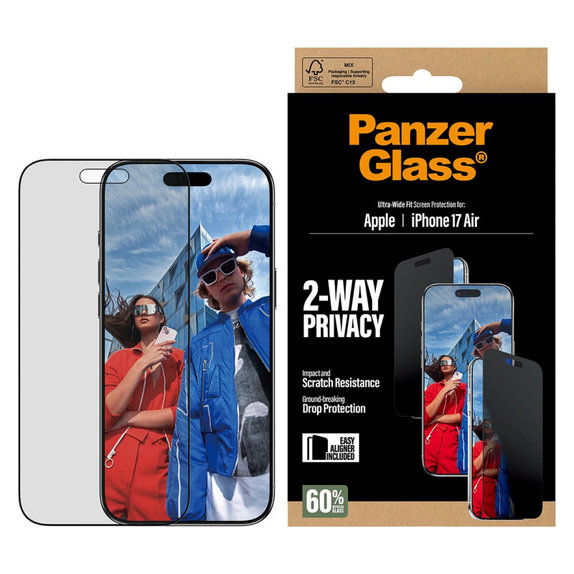 Verre trempé UWF 2-Way Privacy avec applicateur pour iPhone 17 Air, Noir, PanzerGlass