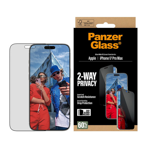 Verre trempé UWF 2-Way Privacy avec Fastfit pour iPhone 17 Pro Max, Noir, PanzerGlass