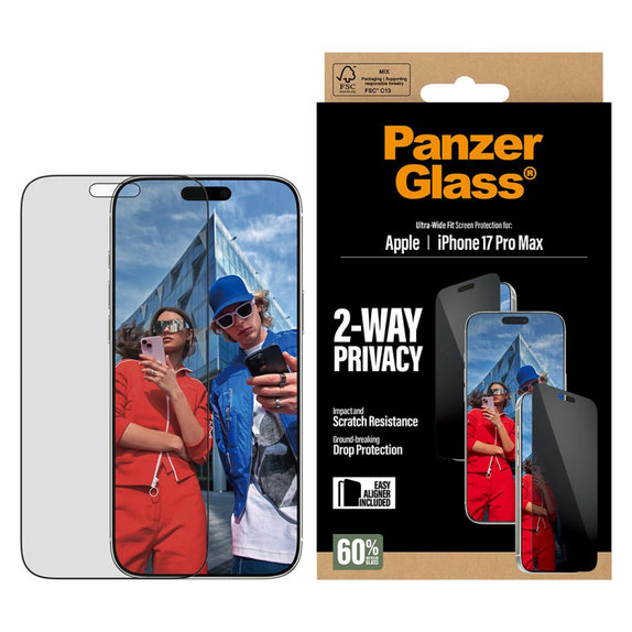 Verre trempé UWF 2-Way Privacy avec Fastfit pour iPhone 17 Pro Max, Noir, PanzerGlass