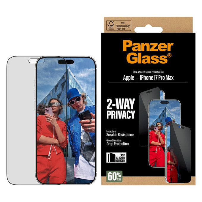 Verre trempé UWF 2-Way Privacy avec Fastfit pour iPhone 17 Pro Max, Noir, PanzerGlass
