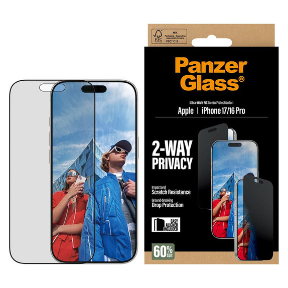Verre trempé UWF 2-Way Privacy avec Fastfit pour iPhone 17/16 Pro, Noir, PanzerGlass
