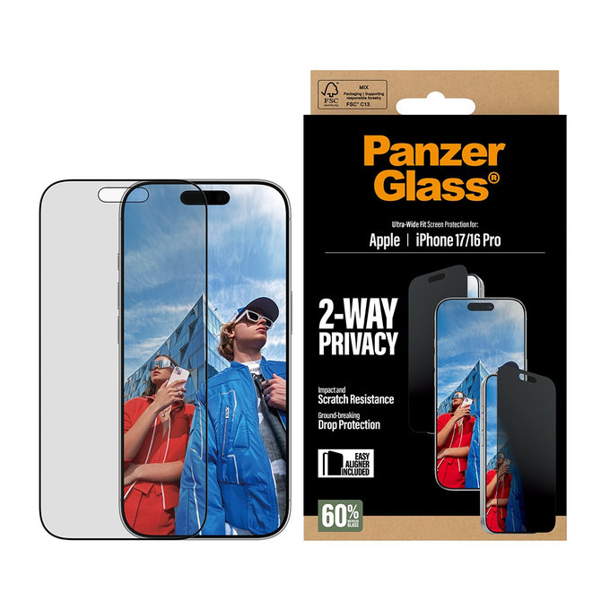 Verre trempé UWF 2-Way Privacy avec Fastfit pour iPhone 17/16 Pro, Noir, PanzerGlass