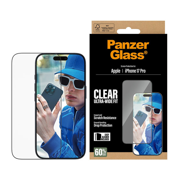 Verre trempé UWF avec applicateur pour iPhone 17 Pro, Noir, PanzerGlass