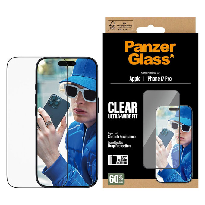 Verre trempé UWF avec applicateur pour iPhone 17 Pro, Noir, PanzerGlass