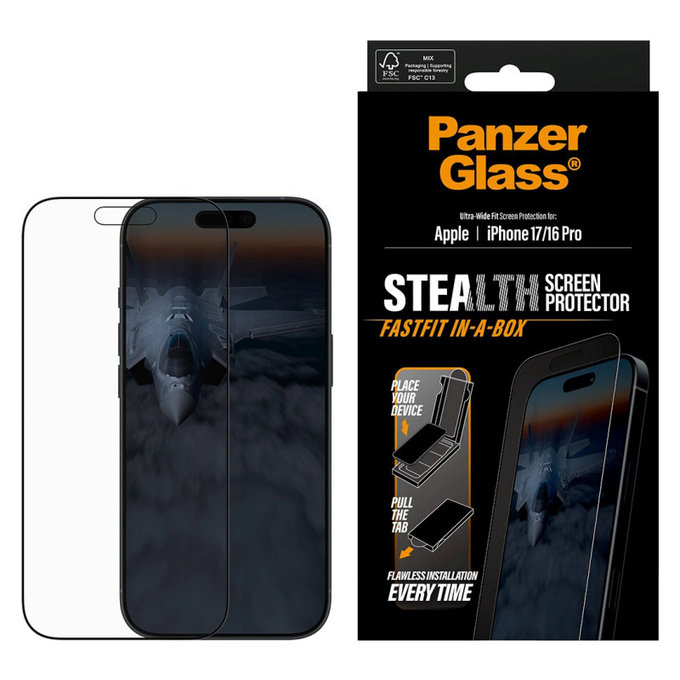 Verre trempé UWF Stealth avec Fastfit pour iPhone 17/16 Pro, Noir, PanzerGlass