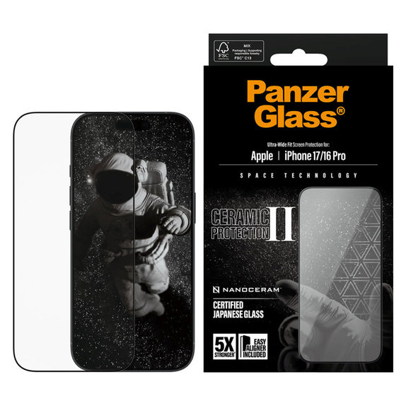 Verre trempé UWF Ceramic II avec Fastfit pour iPhone 17/16 Pro, Noir, PanzerGlass
