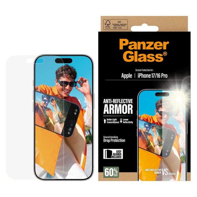 Verre trempé Anti-Reflective avec applicateur pour iPhone 17/16 Pro, Noir, PanzerGlass