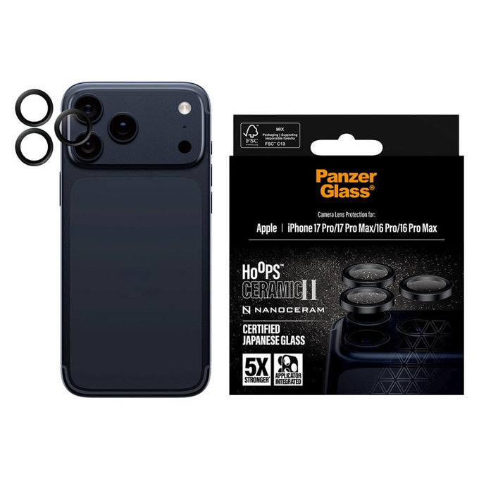 Protection d'objectif Hoops Ceramic II pour iPhone 17 Pro Max/17 Pro/16 Pro Max/16 Pro, noir, PanzerGlass