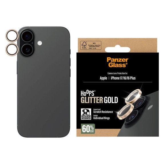 Protection d’objectif photo Hoops pour iPhone 17/16 Plus/16, Glitter Gold, PanzerGlass