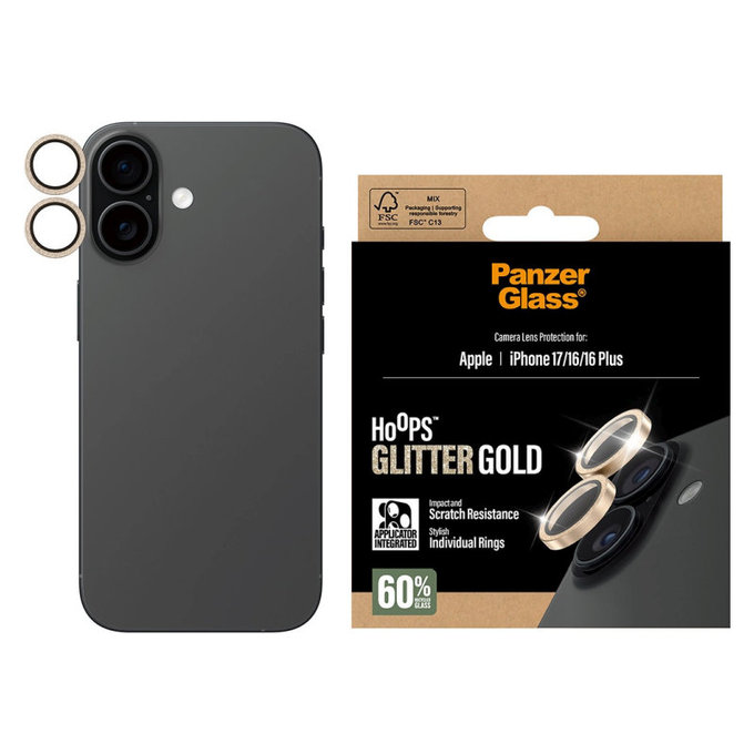 Protection d’objectif photo Hoops pour iPhone 17/16 Plus/16, Glitter Gold, PanzerGlass