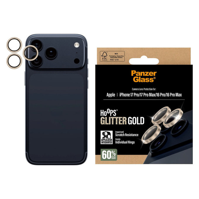 Protection d’objectif photo Hoops pour iPhone 17 Pro Max/17 Pro/16 Pro Max/16 Pro, Glitter Gold, PanzerGlass