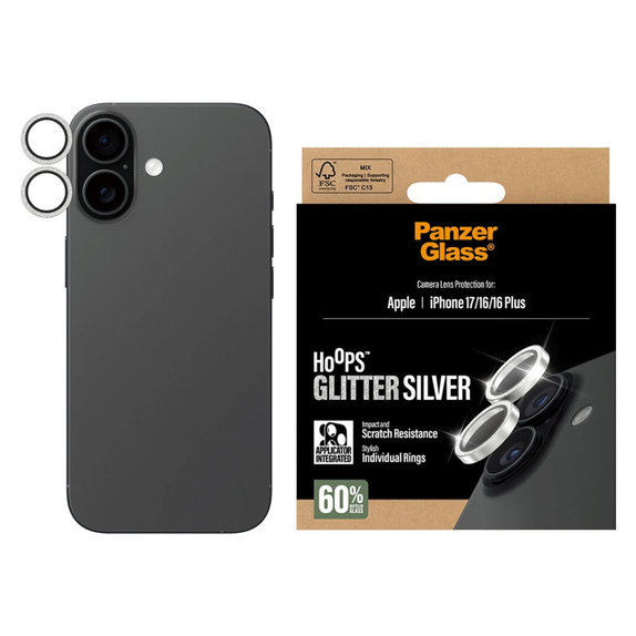 Protection d’objectif photo Hoops pour iPhone 17/16 Plus/16, Glitter Silver, PanzerGlass