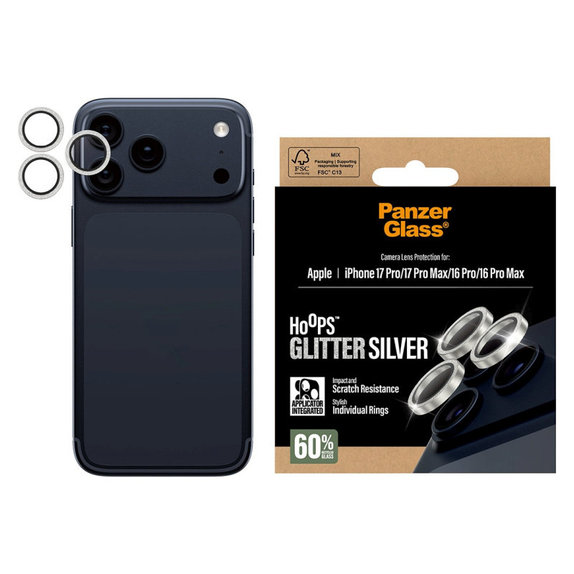Protection d’objectif photo Hoops pour iPhone 17 Pro Max/17 Pro/16 Pro Max/16 Pro, Glitter Silver, PanzerGlass