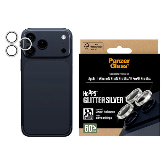 Protection d’objectif photo Hoops pour iPhone 17 Pro Max/17 Pro/16 Pro Max/16 Pro, Glitter Silver, PanzerGlass