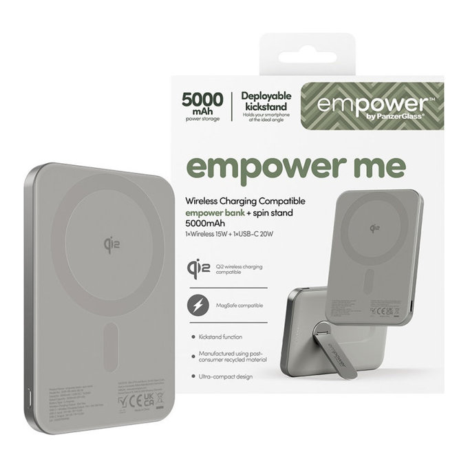 PowerBank sans fil 5000 mAh, avec support rotatif 20 W, compatible MagSafe, Qi2/USB-C, Titane, empower