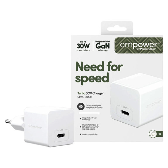Adaptateur de voyage Grand Prix USB-C, GaN, 30 W PD, blanc argenté, empower