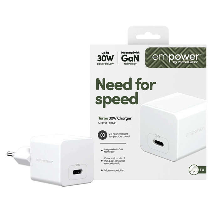 Adaptateur de voyage Grand Prix USB-C, GaN, 30 W PD, blanc argenté, empower