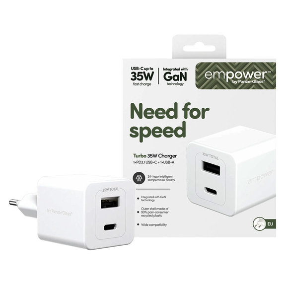 Adaptateur de voyage Grand Prix USB-C/USB-A, GaN, 35 W PD, blanc argenté, empower