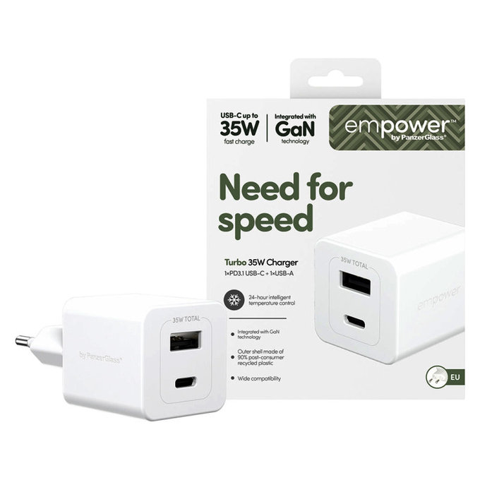Adaptateur de voyage Grand Prix USB-C/USB-A, GaN, 35 W PD, blanc argenté, empower