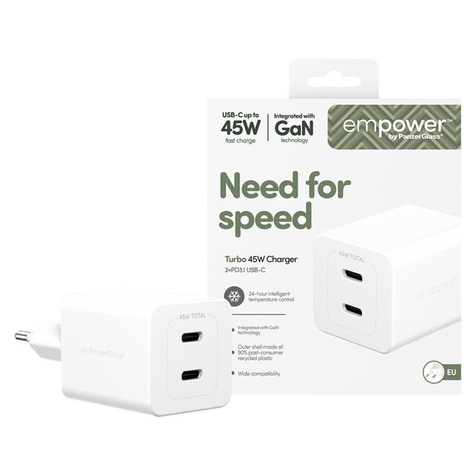 Adaptateur de voyage Grand Prix 2x USB-C, GaN, 45 W PD, Blanc argenté, empower