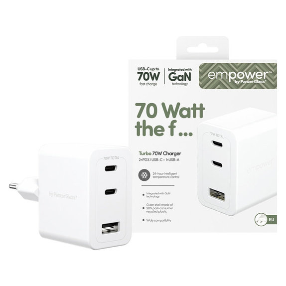 Adaptateur de voyage Grand Prix 2x USB-C/USB-A, GaN, 70 W PD, Blanc argenté, empower
