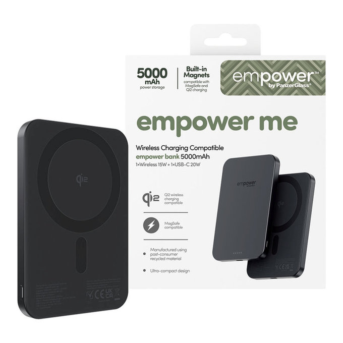 PowerBank sans fil 5000 mAh, 20 W, compatible avec MagSafe, Qi2/USB-C, Space Black, empower