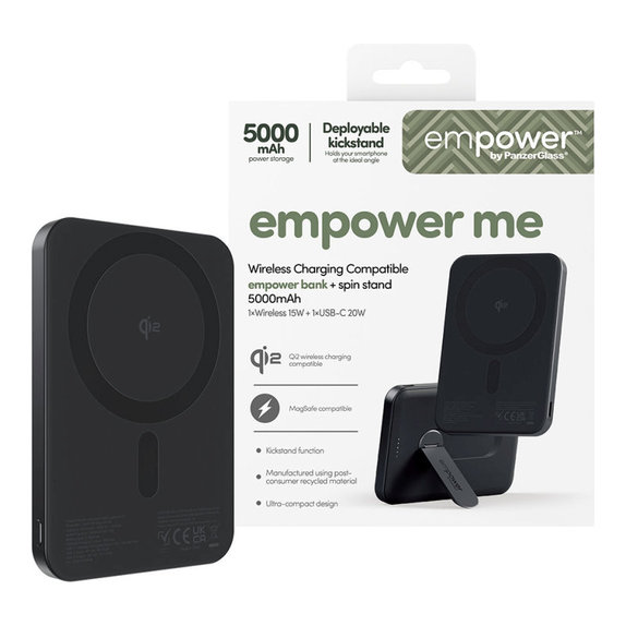 PowerBank sans fil 5000 mAh avec support rotatif, 20 W, compatible avec MagSafe, Qi2/USB-C, Space Black, empower