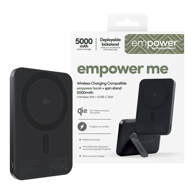 PowerBank sans fil 5000 mAh avec support rotatif, 20 W, compatible avec MagSafe, Qi2/USB-C, Space Black, empower