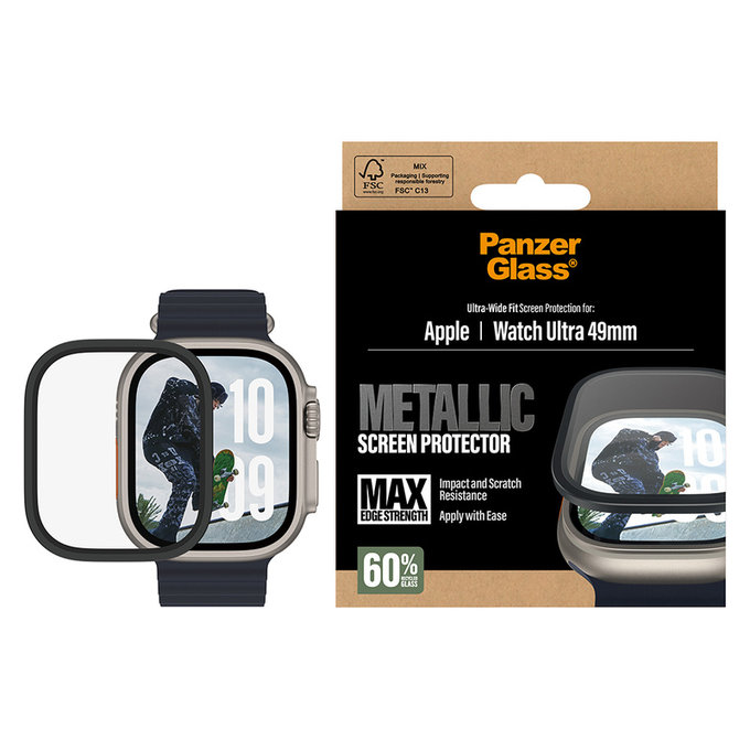Verre trempé UWF METALLIC pour Apple Watch Ultra 49 mm, Noir, PanzerGlass