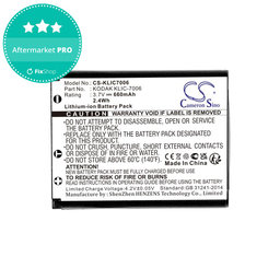 Batterie pour Kodak EasyShare, 660mAh, Li-Ion, 3.7V, LB-012, KLIC-7006, HQ