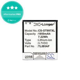 Batterie pour Alcatel One Touch 997, X Pop, TCL S710, S800, 1950mAh, Li-Ion, 3.7V, TLiB5AF, HQ