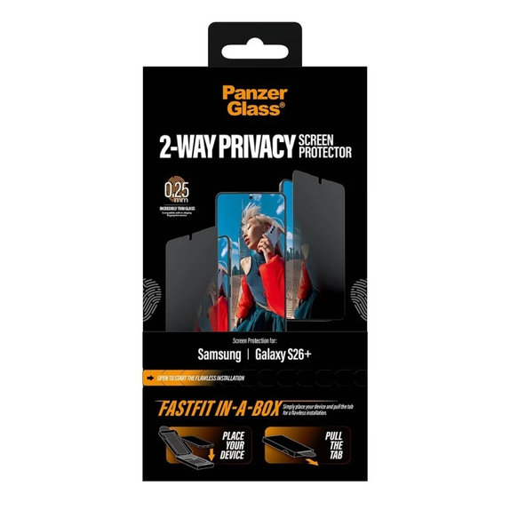 PanzerGlass - Verre trempé UWF 2-Way Privacy avec FASTFIT In-A-Box pour Samsung Galaxy S26+, transparent