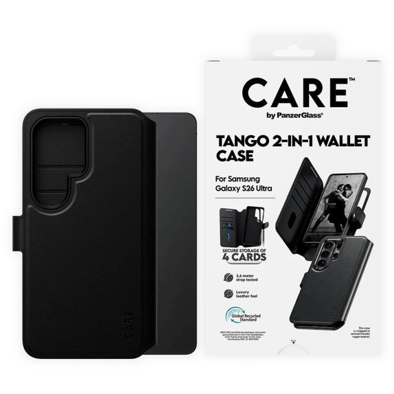 Étui Wallet Tango Two-In-One avec QI pour Samsung S26 Ultra, noir, CARE