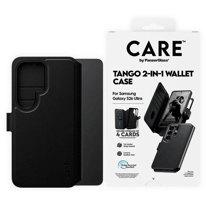 Étui Wallet Tango Two-In-One avec QI pour Samsung S26 Ultra, noir, CARE