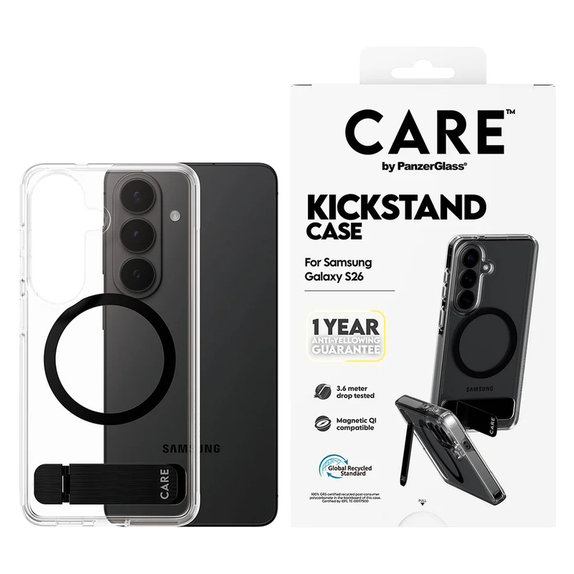 Étui Kickstand avec QI noir pour Samsung Galaxy S26, Transparent, PanzerGlass