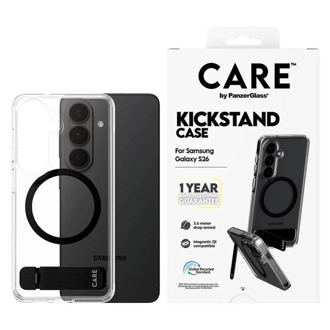 Étui Kickstand avec QI noir pour Samsung Galaxy S26, Transparent, PanzerGlass