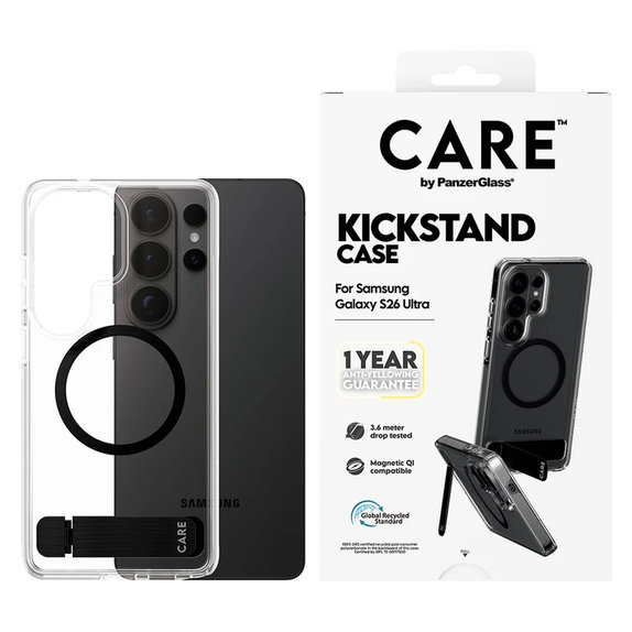 Étui Kickstand avec QI noir pour Samsung Galaxy S26 Ultra, Transparent, PanzerGlass