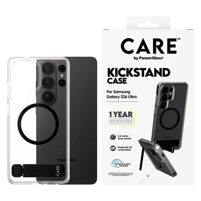 Étui Kickstand avec QI noir pour Samsung Galaxy S26 Ultra, Transparent, PanzerGlass